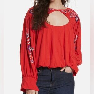 Free People Lita Embroidered Red Blouse
 •|Open to Trade|•